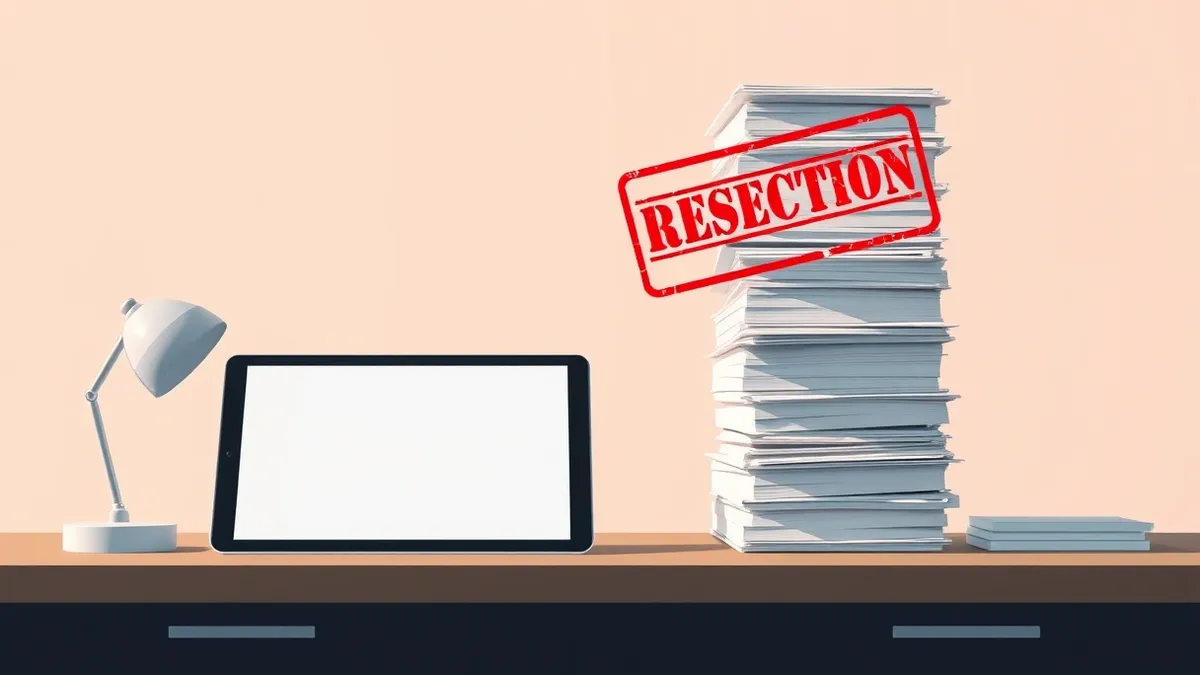 Illustration: A sterile government desk holds a blank tablet next to a towering stack of paper files.