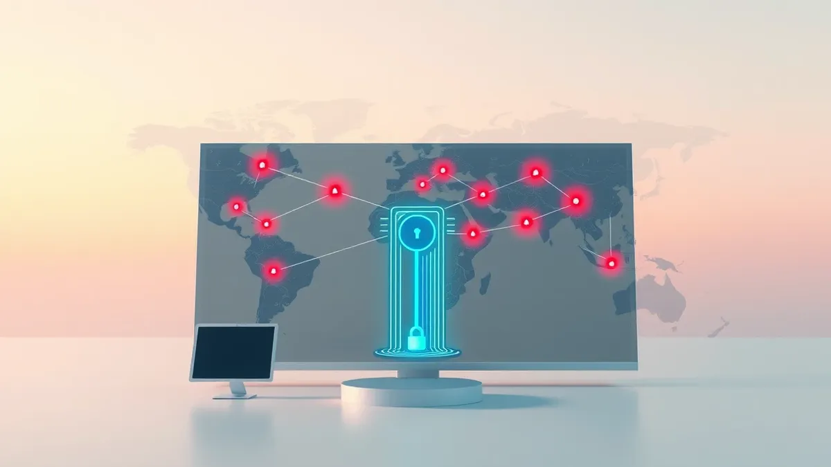 Illustration: A sleek, transparent digital map displays a complex network of connected nodes with glowing red warning points.