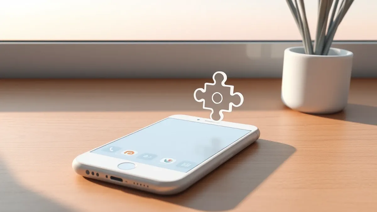 Illustration: A white smartphone sits on a clean wooden desk, displaying a blank interface with generic app icons.
