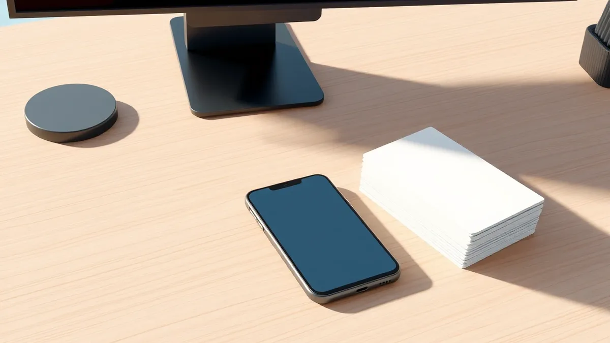 Illustration: A sleek smartphone rests on a clean wooden desk next to a modern digital wallet and a stack of blank white cards, symbolizing financial growth and streamlined payroll