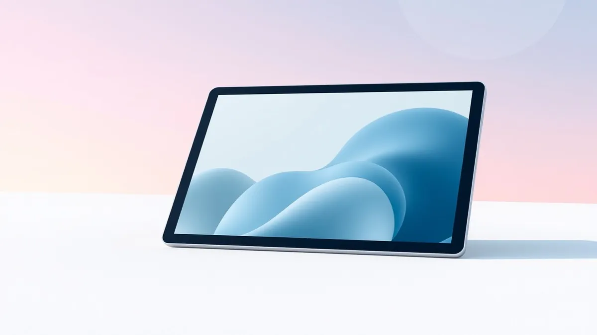 Illustration: A sleek slate tablet rests on a clean white surface, its screen displaying soft abstract geometric shapes in cool blue and gray tones.