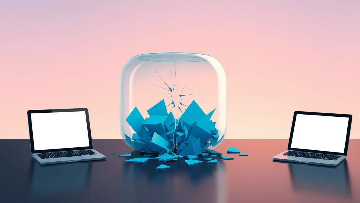 Illustration: A translucent container shell sits on a dark desk, its glass surface cracked with a sharp fracture line spreading from the center.