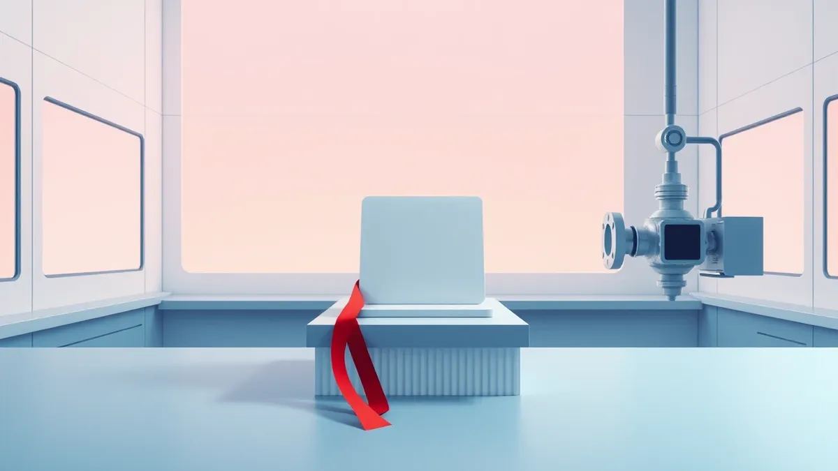 Illustration: A blank microchip wafer rests on a sterile workbench inside a high-tech cleanroom.