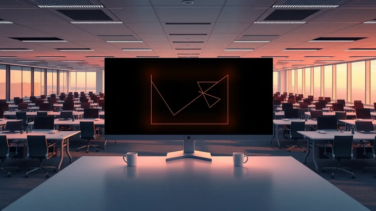 Illustration: A modern open-plan office with rows of empty desks and scattered coffee cups.