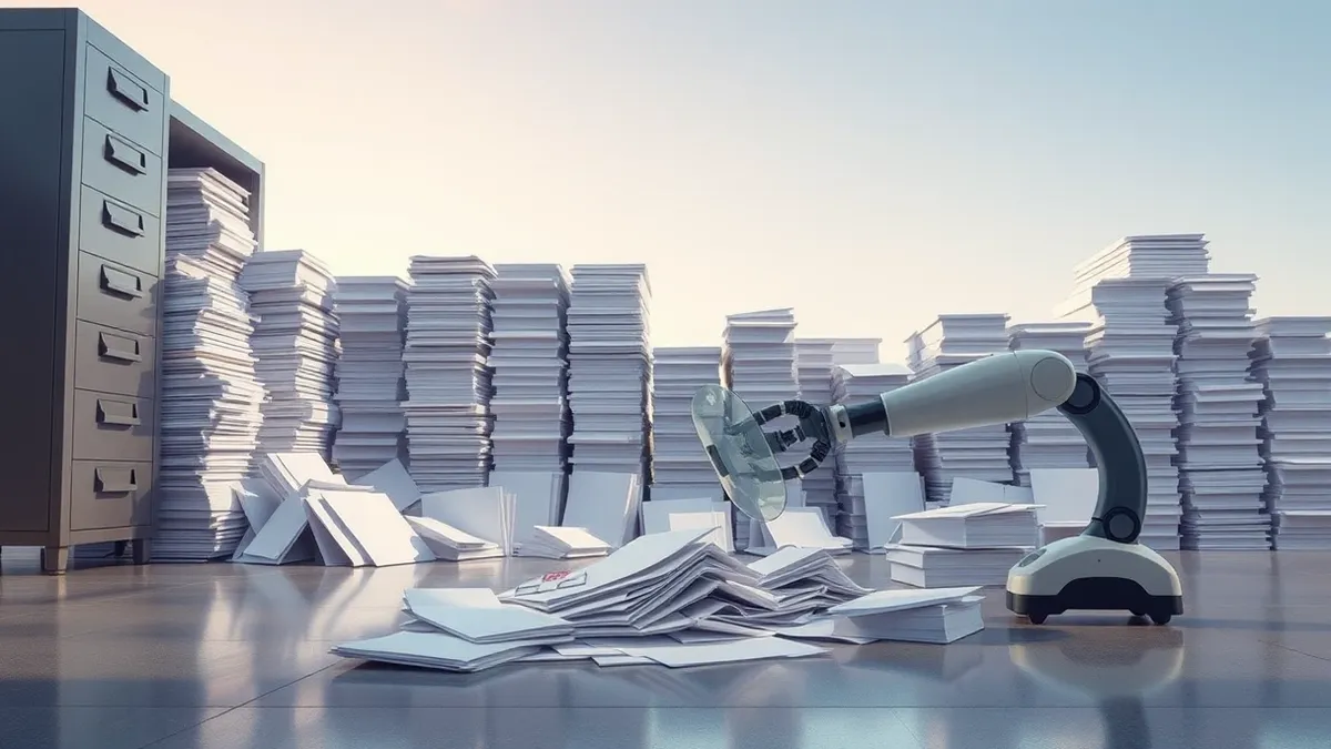 Illustration: A massive stack of blank white paper overflows from a metal filing cabinet onto a polished floor.