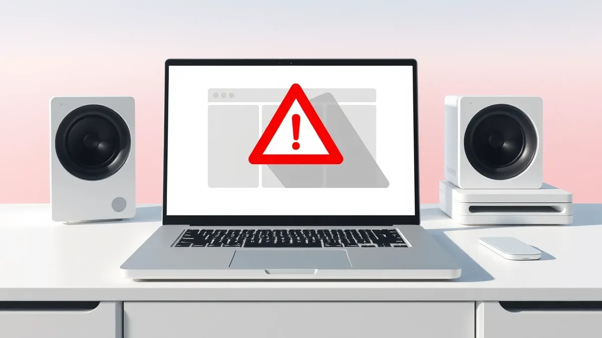 Illustration: A silver laptop sits open on a clean white desk, displaying a web browser window with blank gray panels.