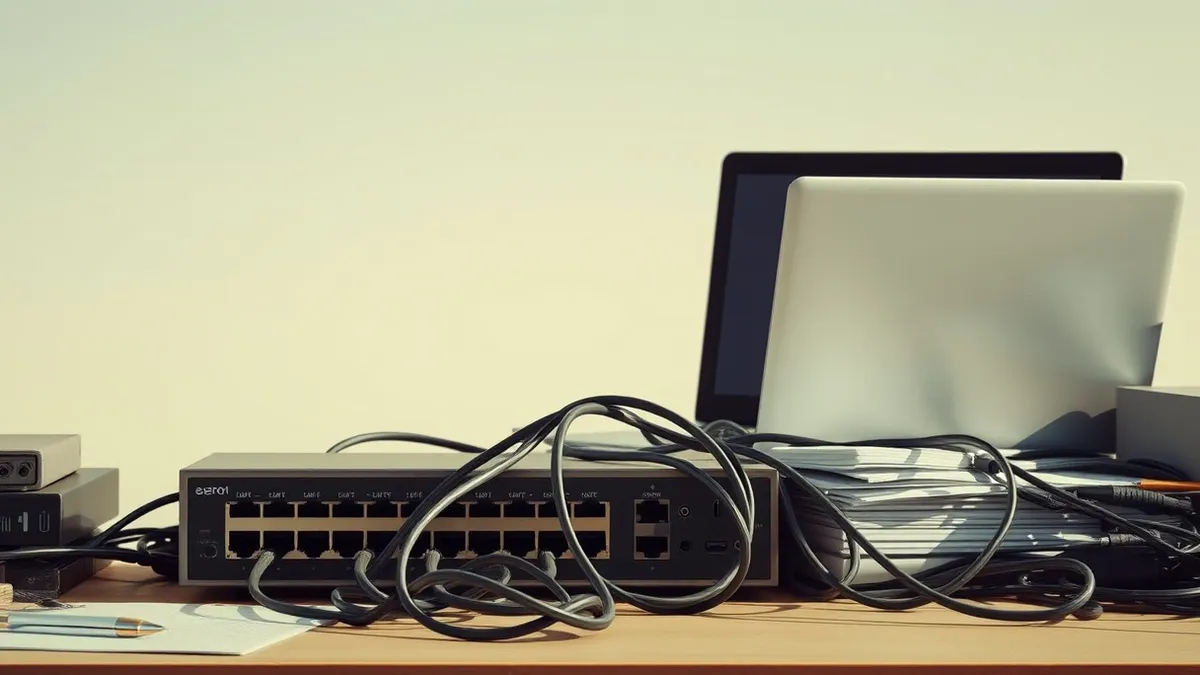 Illustration: A network switch sits on a cluttered desk, its front panel displaying blank status lights.