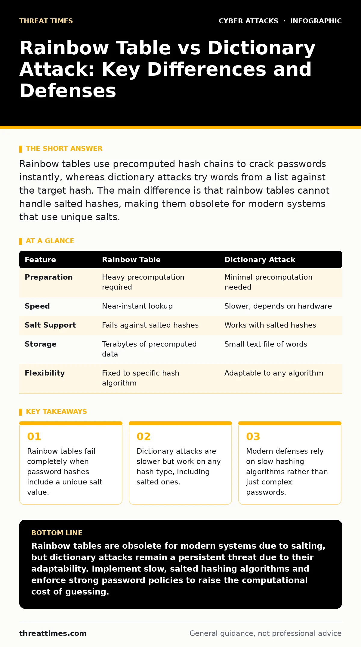 Infographic: Rainbow Table vs Dictionary Attack: Key Differences and Defenses. Rainbow tables fail completely when password hashes include a unique salt value. Dictionary attacks are slower but work on any hash type, including salted ones. Modern defenses rely on slow hashing algorithms rather than