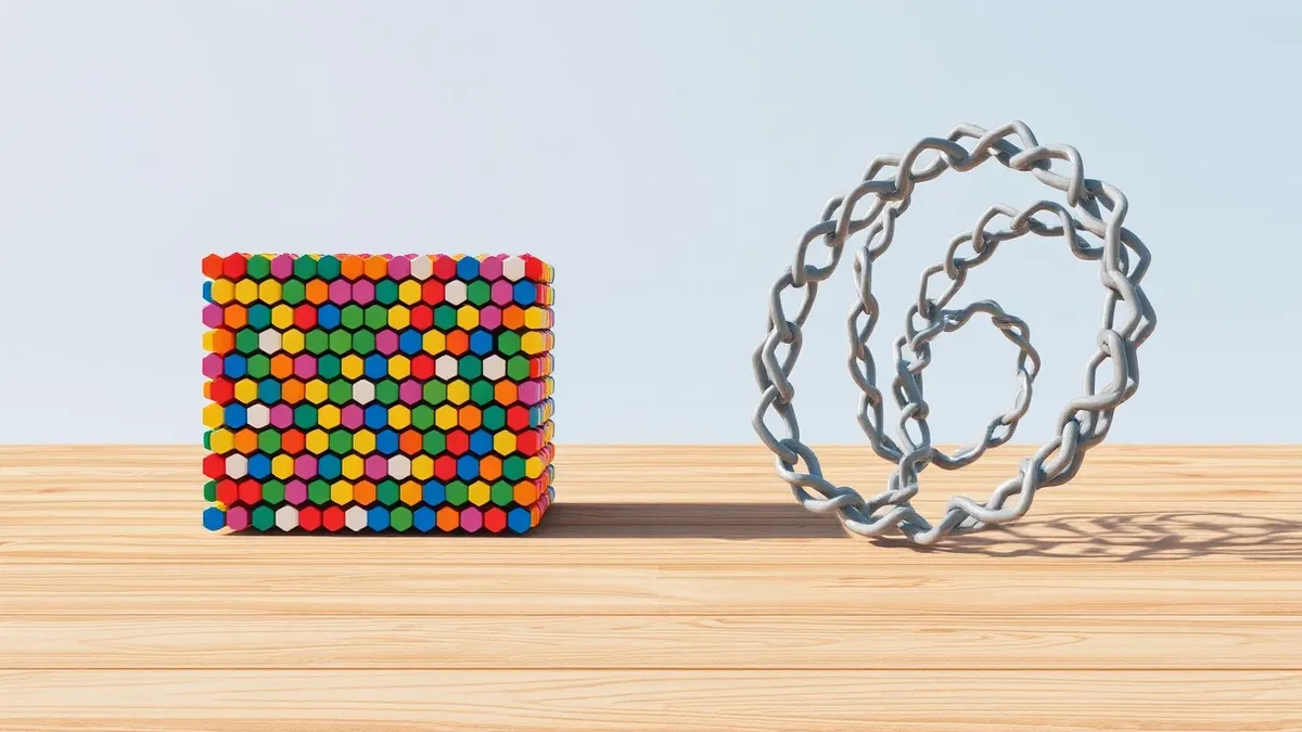 Illustration: Two distinct structures sit side by side on a wooden surface.