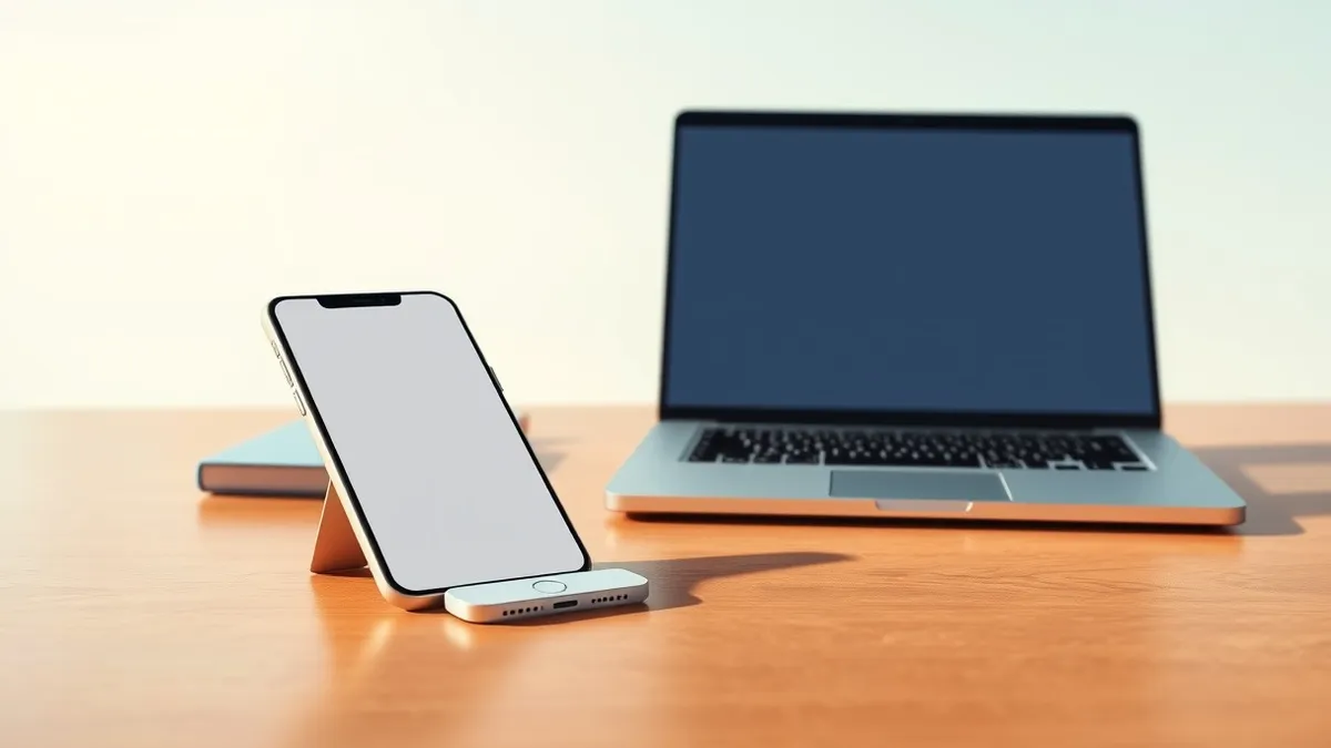 Illustration: A sleek white smartphone rests on a wooden desk next to an open laptop, its screen displaying a blank interface with a single prominent toggle switch.