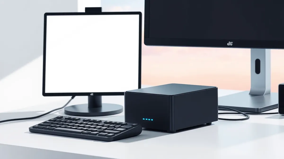 Illustration: A sleek black mini computer sits on a clean white desk next to a monitor and keyboard.