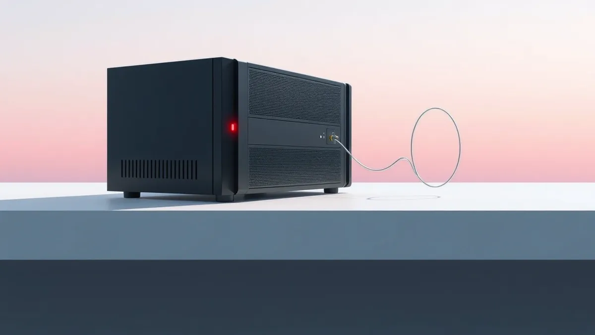 Illustration: A sleek black server blade sits isolated on a clean white desk, its front panel featuring a single blinking red light.