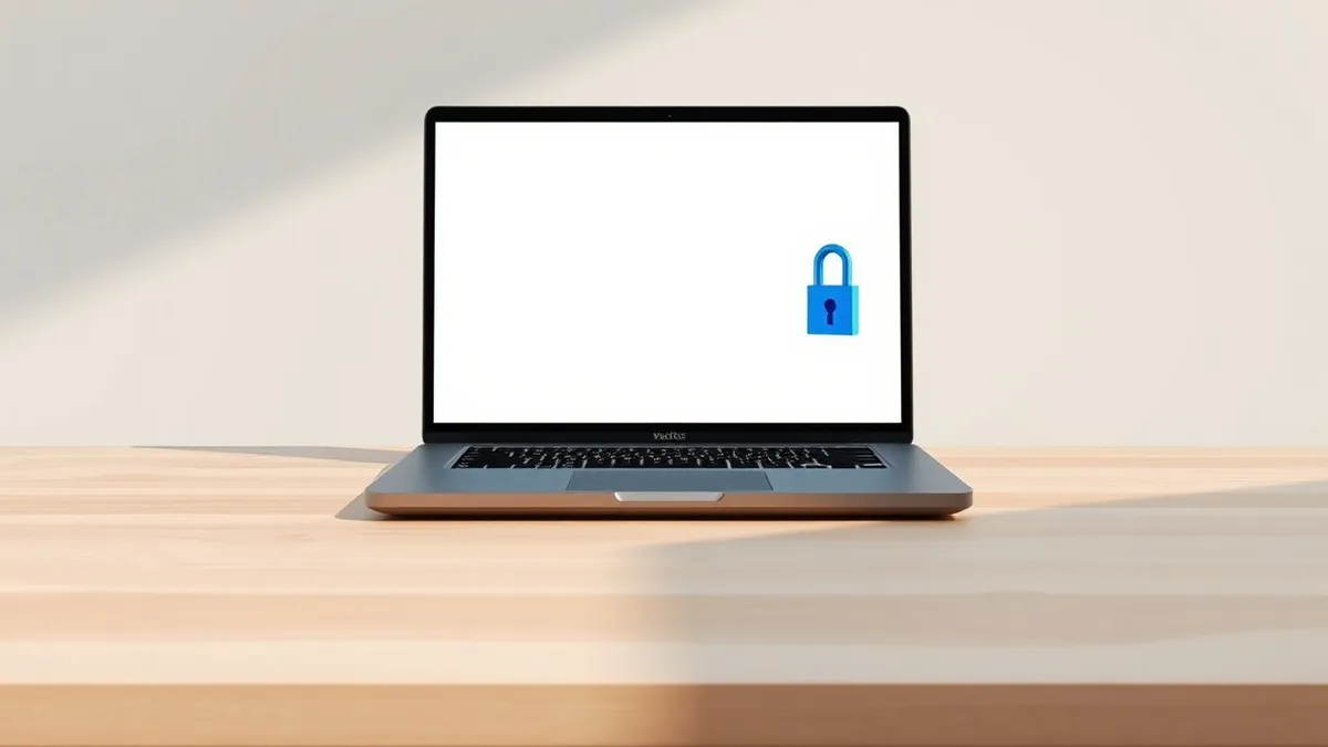 Illustration: A sleek black laptop sits on a clean wooden desk, its screen displaying a blank code editor interface.