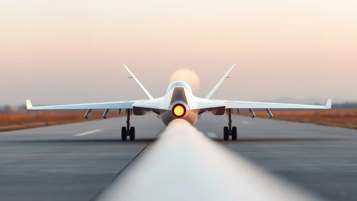 Illustration: A sleek white model jet with swept wings sits on a concrete runway, its rear nozzle glowing orange with thrust.