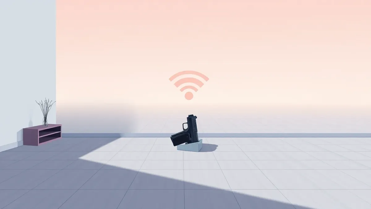 Illustration: An invisible grid of Wi-Fi signal waves flows through an empty room but distorts sharply around the sharp outline of a hidden handgun tucked inside a plain jacket poc