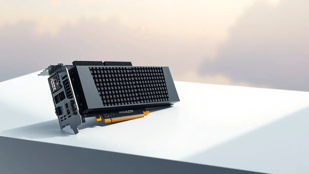 Illustration: A single black graphics processing unit card rests on a plain white workbench, displaying its exposed circuit board and cooling fins.