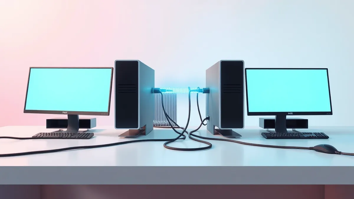 Illustration: Two sleek desktop computers sit side by side on a clean desk, connected by thick black cables.