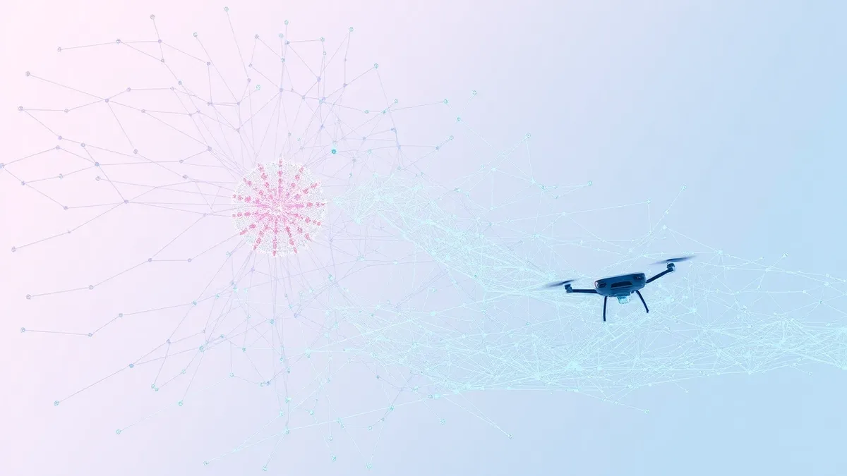 Illustration: A transparent digital web floats in mid-air, showing intricate glowing threads that connect thousands of small, abstract nodes.