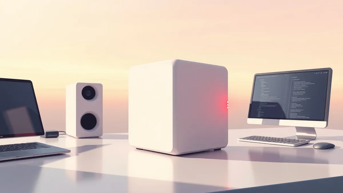 Illustration: A sleek, white geometric cube representing an artificial intelligence model sits on a polished desk.