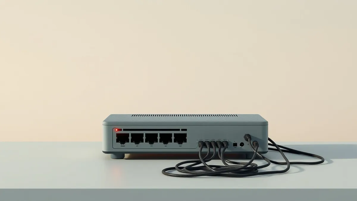 Illustration: A dusty network router sits isolated on a plain desk.