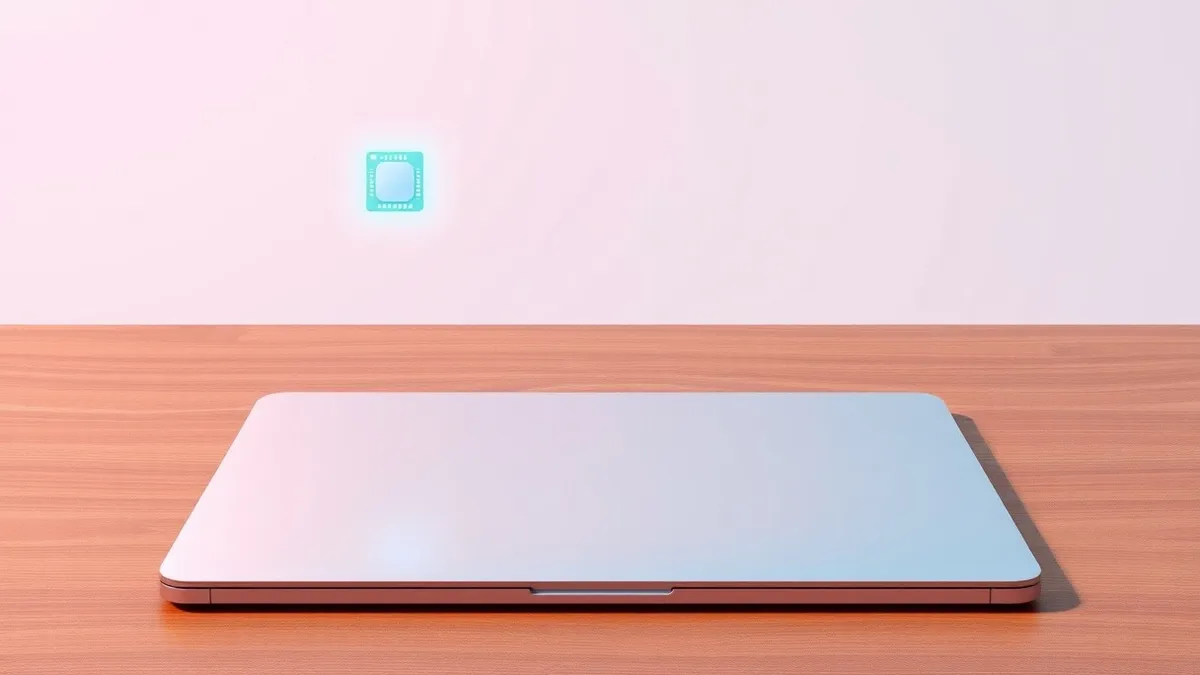 Illustration: A sleek silver laptop rests on a polished wooden desk, its lid closed.
