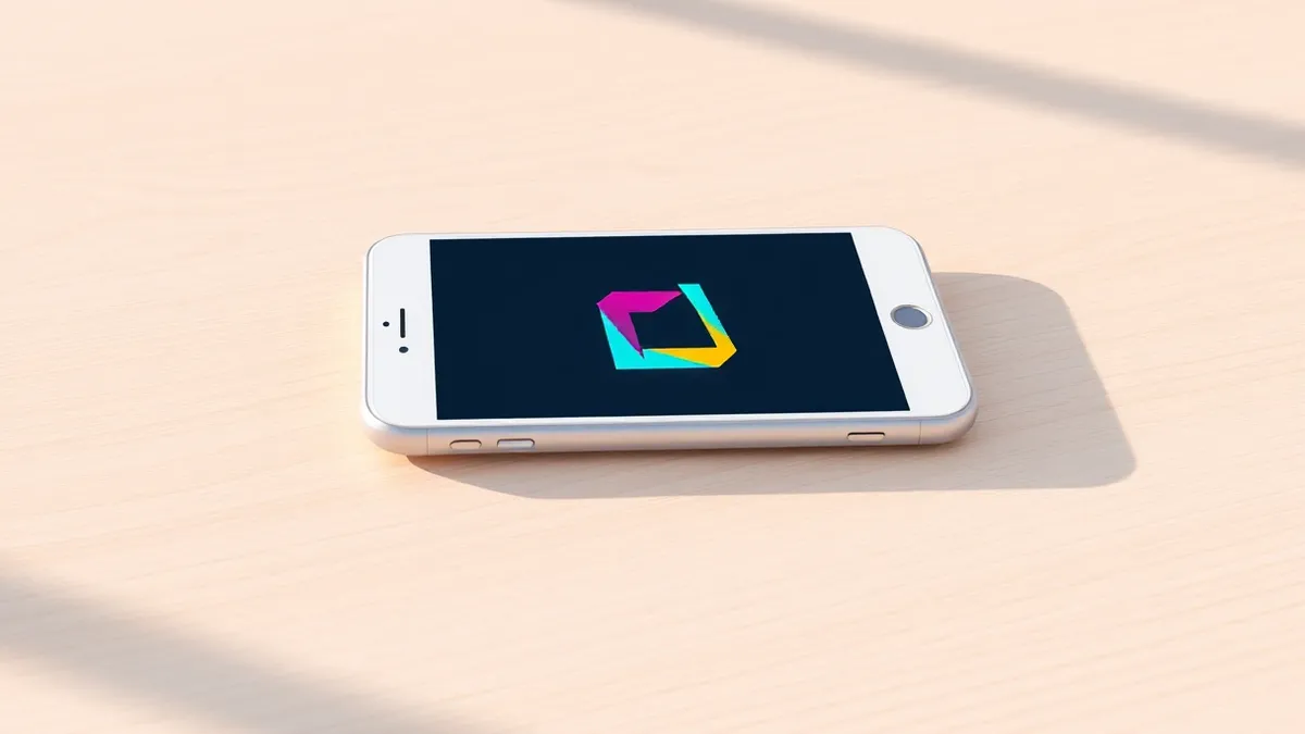 Illustration: A sleek white smartphone rests on a clean wooden surface, its screen displaying a vibrant, abstract geometric icon for a video game.