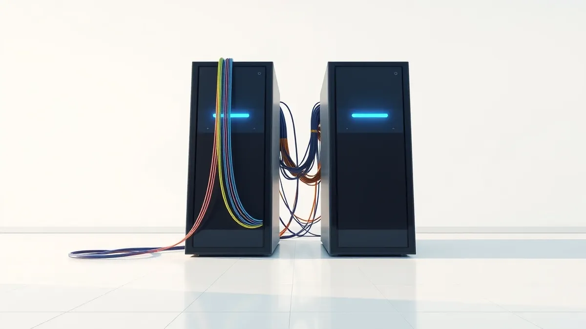 Illustration: Two sleek black server towers stand side by side in a sterile white room.