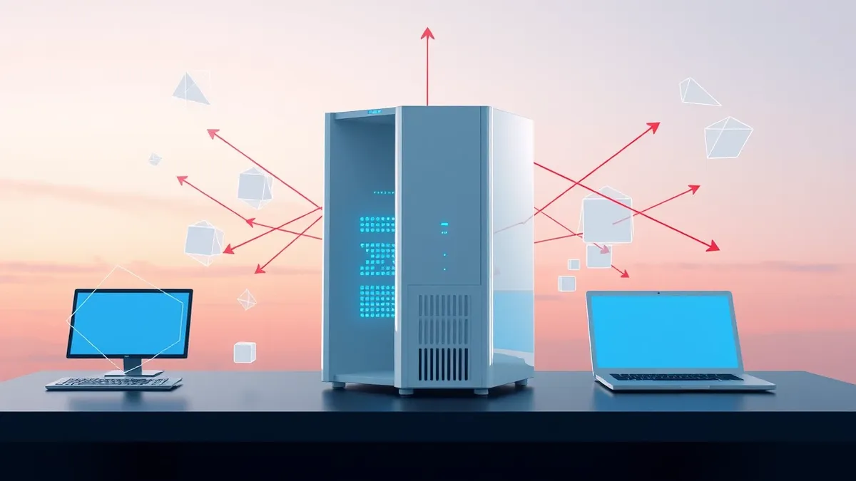 Illustration: A sleek white server chassis with glowing blue vents sits on a dark desk, surrounded by floating translucent geometric shapes that interconnect like a digital web.