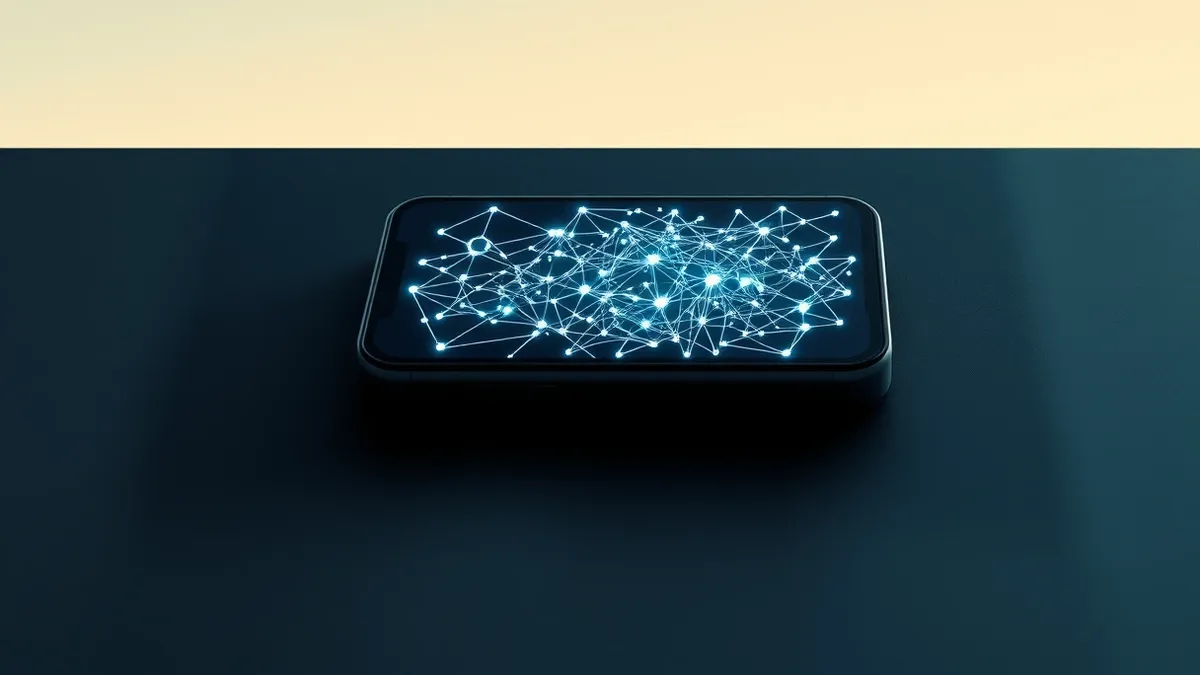 Illustration: A single, pristine smartphone rests on a dark, empty table, its screen displaying a complex web of interconnected, abstract geometric nodes.