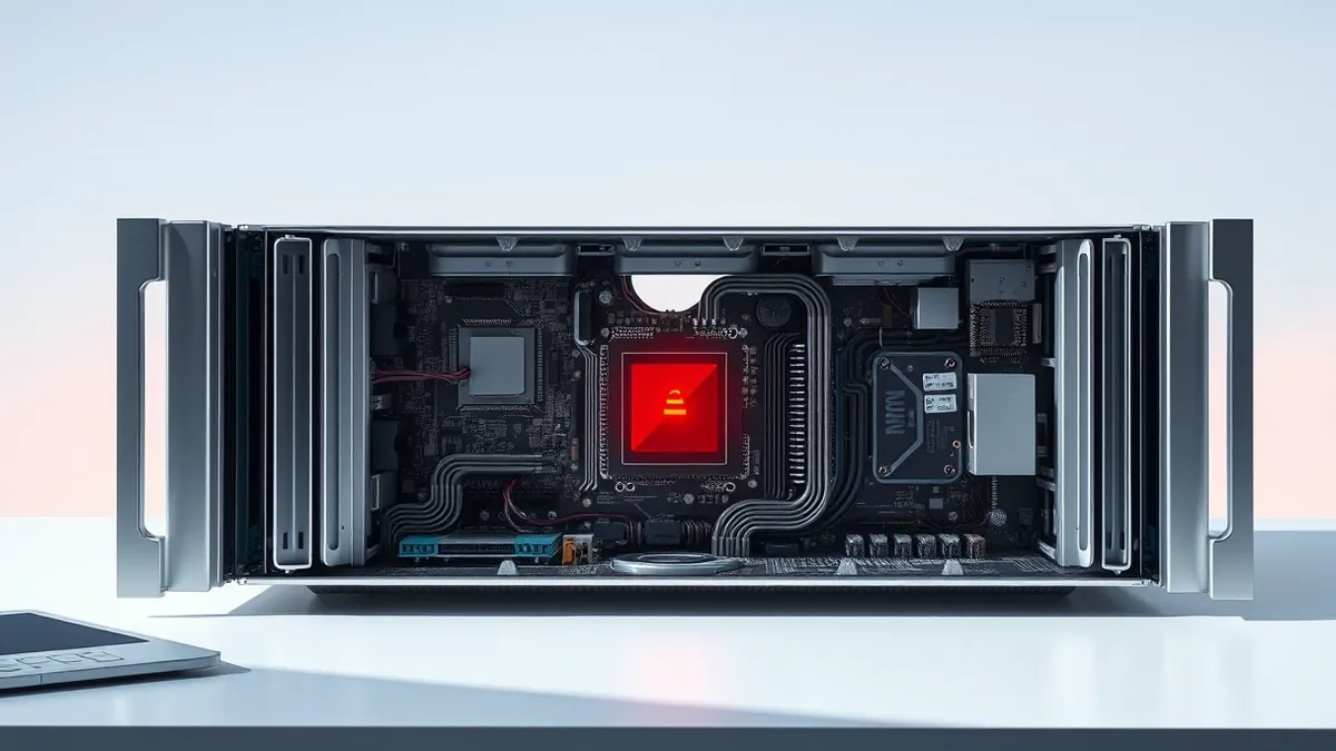 Illustration: A sleek silver server blade sits open on a clean white desk, exposing its complex circuit boards.