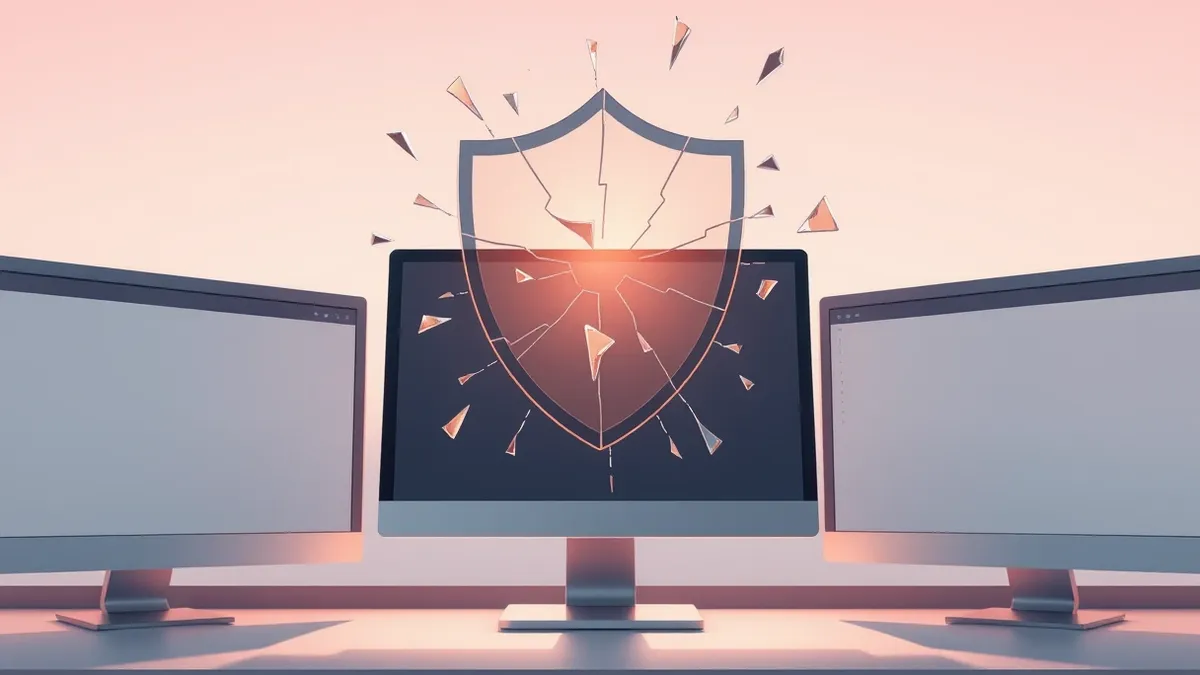 Illustration: A cracked, translucent shield floats above a generic desktop computer monitor displaying blank abstract windows.