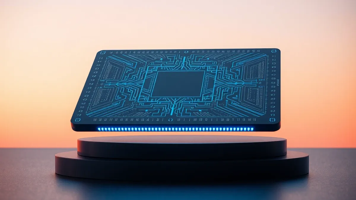 Illustration: A sleek metallic quantum processor chip rests on a dark pedestal, its intricate surface catching the light.