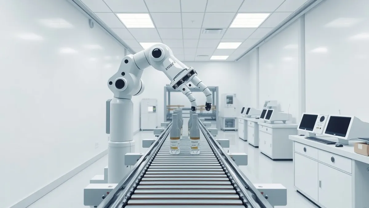 Illustration: A white robotic arm with multiple joints reaches precisely into a sterile pharmaceutical manufacturing line to handle small glass vials.