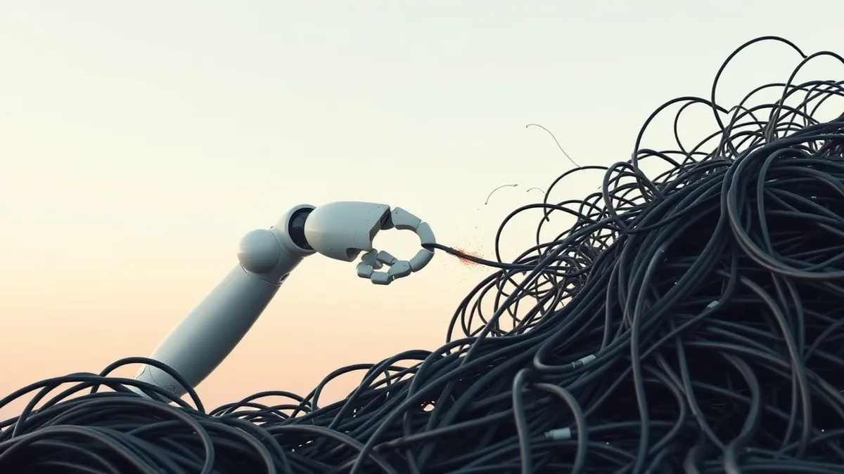 Illustration: A sleek white autonomous robot arm reaches blindly toward a tangled nest of black cables and exposed circuitry.