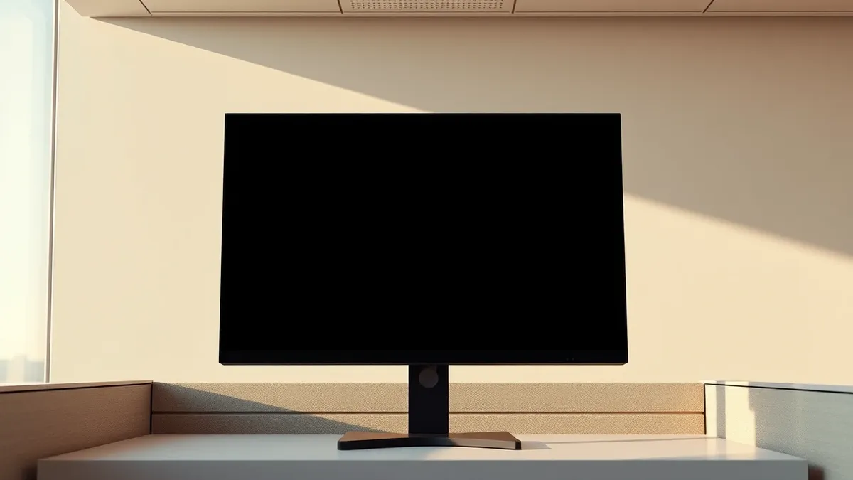Illustration: A modern office cubicle sits in sharp focus, its beige walls blank and empty.