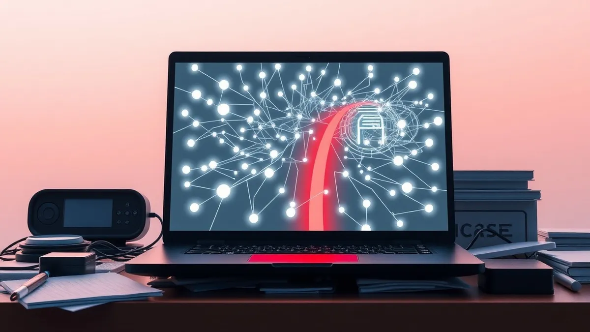 Illustration: A sleek black laptop sits open on a cluttered desk, its screen displaying a complex network of glowing white nodes and connecting lines.