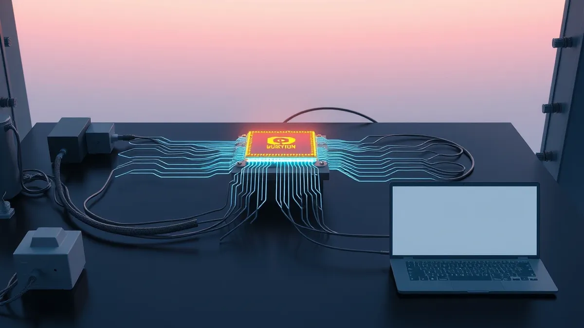 Illustration: A glowing quantum processor chip sits on a dark laboratory table, surrounded by intricate superconducting wiring and cooling apparatus.