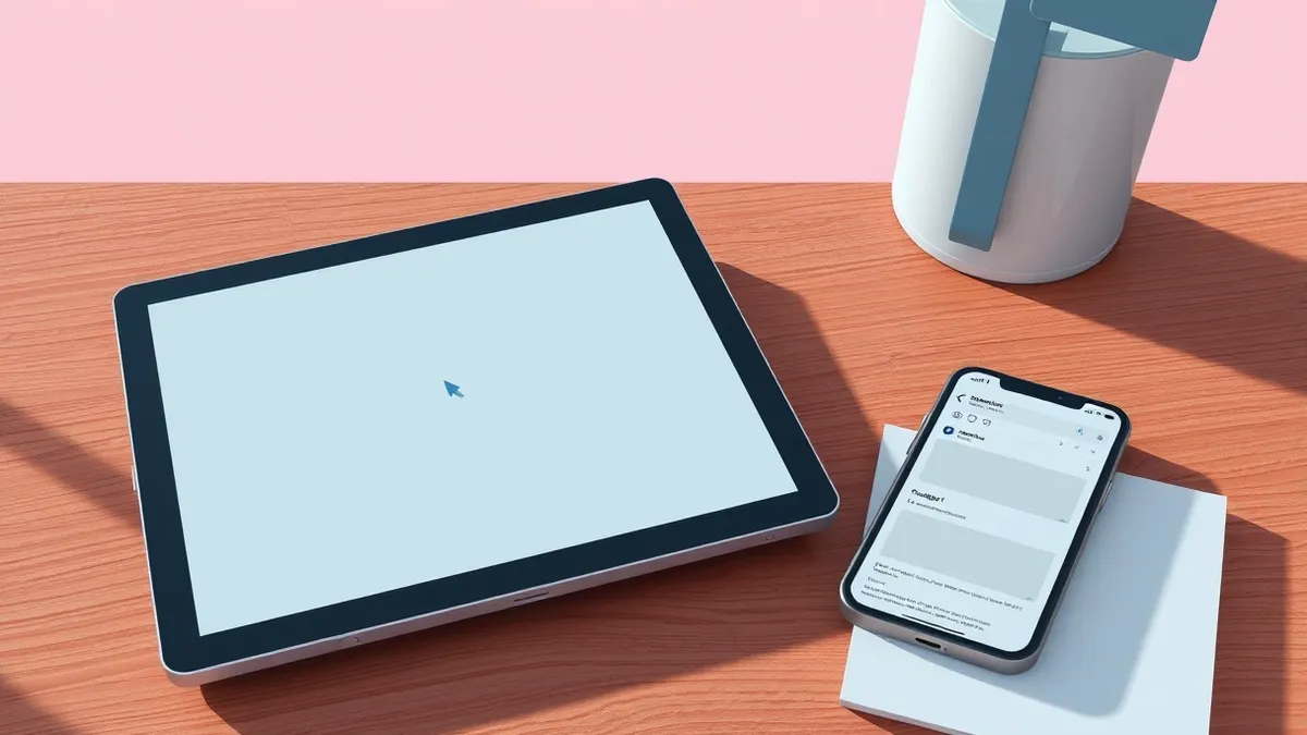 Illustration: A sleek tablet rests on a wooden desk, displaying a clean, blank document interface with a subtle abstract cursor hovering over an empty page.