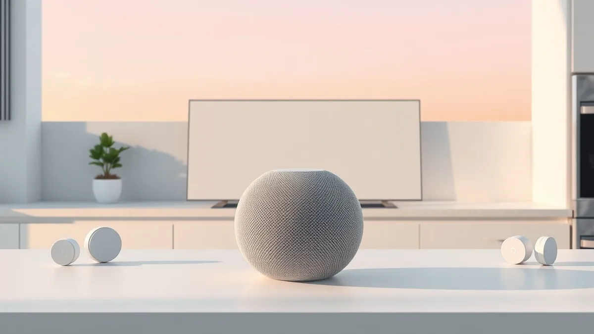 Illustration: A small spherical speaker sits centered on a clean white kitchen countertop, flanked by a flat rectangular display panel and several minimalist smart home sensors.