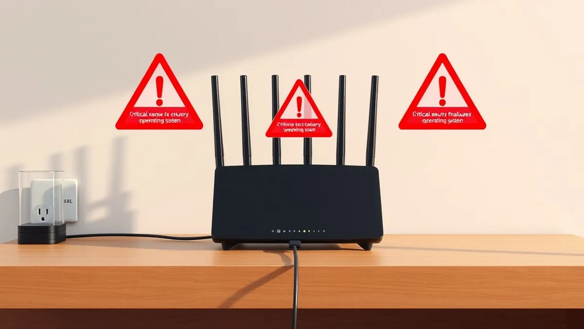 Illustration: A black wireless router with multiple antennas sits on a wooden desk.