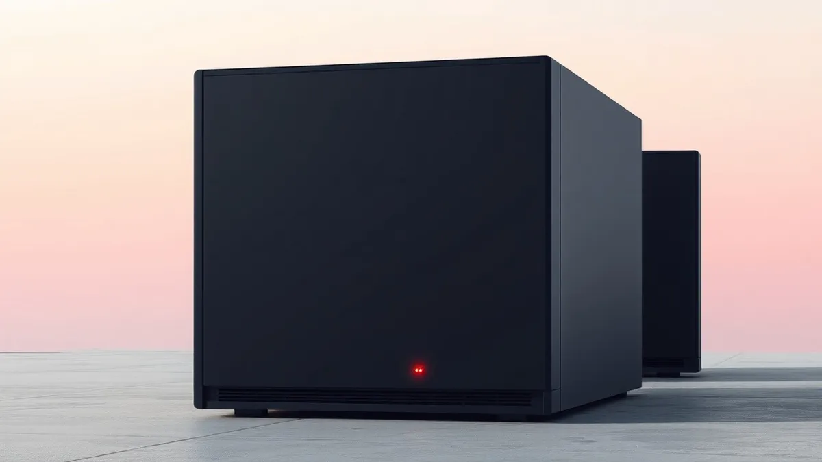 Illustration: A sleek black server unit sits on a concrete floor, its front panel smooth and blank except for faint abstract geometric lines suggesting internal complexity.