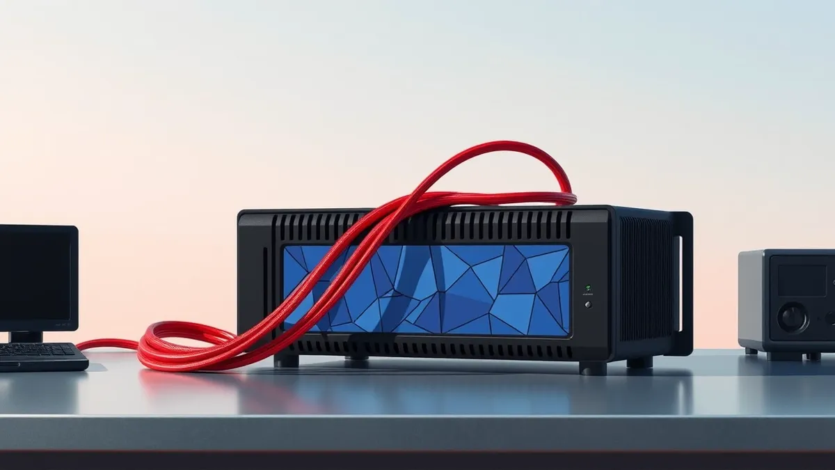 Illustration: A sleek black network appliance sits on a metal desk, its front panel displaying abstract blue geometric shapes.