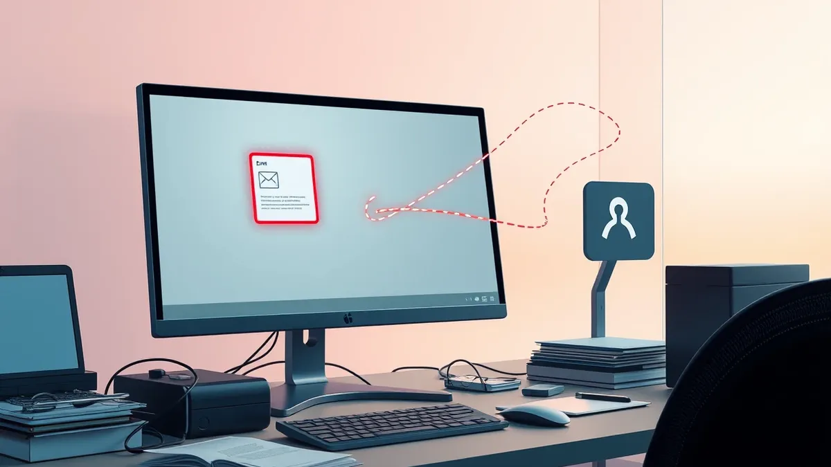 Illustration: A sleek Windows desktop monitor sits on a cluttered office desk, displaying a blank email interface with a suspicious document attachment highlighted by a faint red o