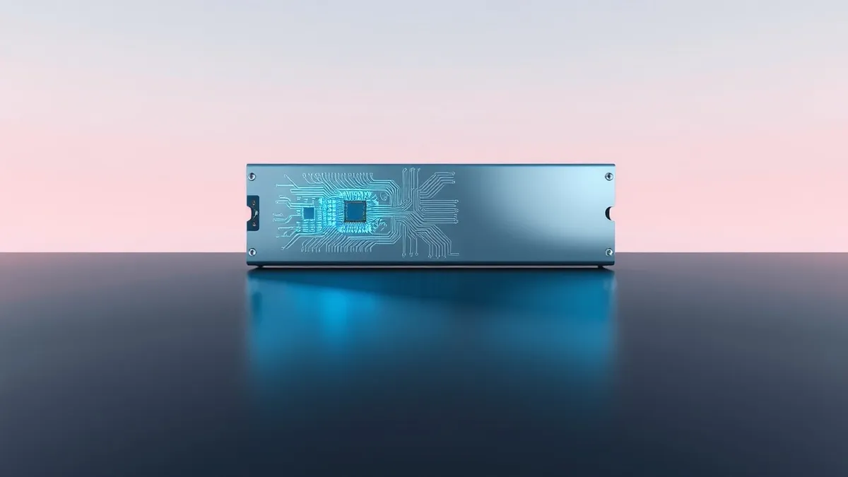 Illustration: A polished silver memory chip module rests on a sleek black surface.