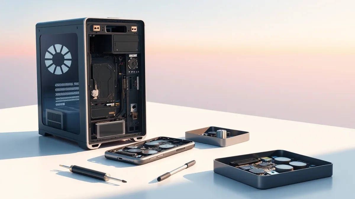 Illustration: A disassembled smartphone and desktop computer tower sit on a clean white work surface alongside precise screwdrivers and a small tray of spare internal components, i