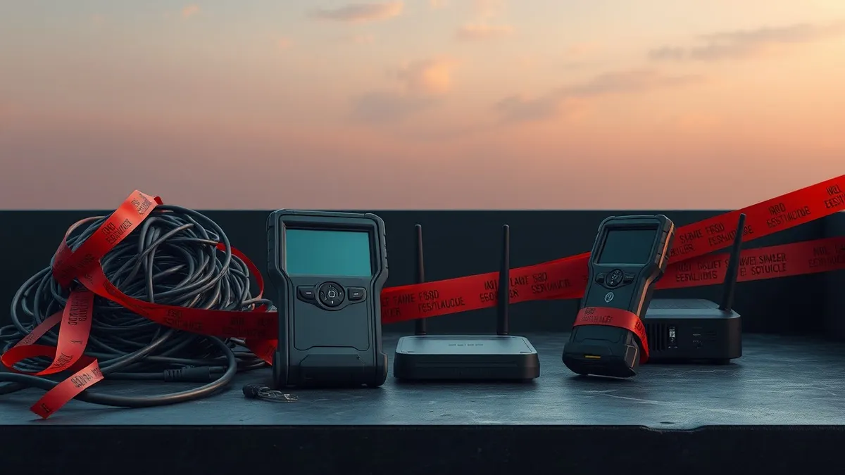 Illustration: Two rugged handheld barcode scanners rest on a dark industrial workbench next to a tangled pile of Ethernet cables and a small mesh networking router.