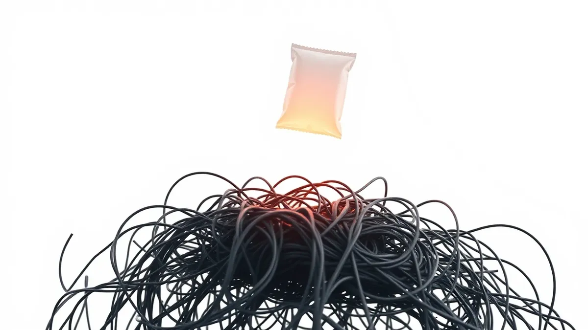 Illustration: A small, translucent software package icon floats above a tangle of tangled digital threads.