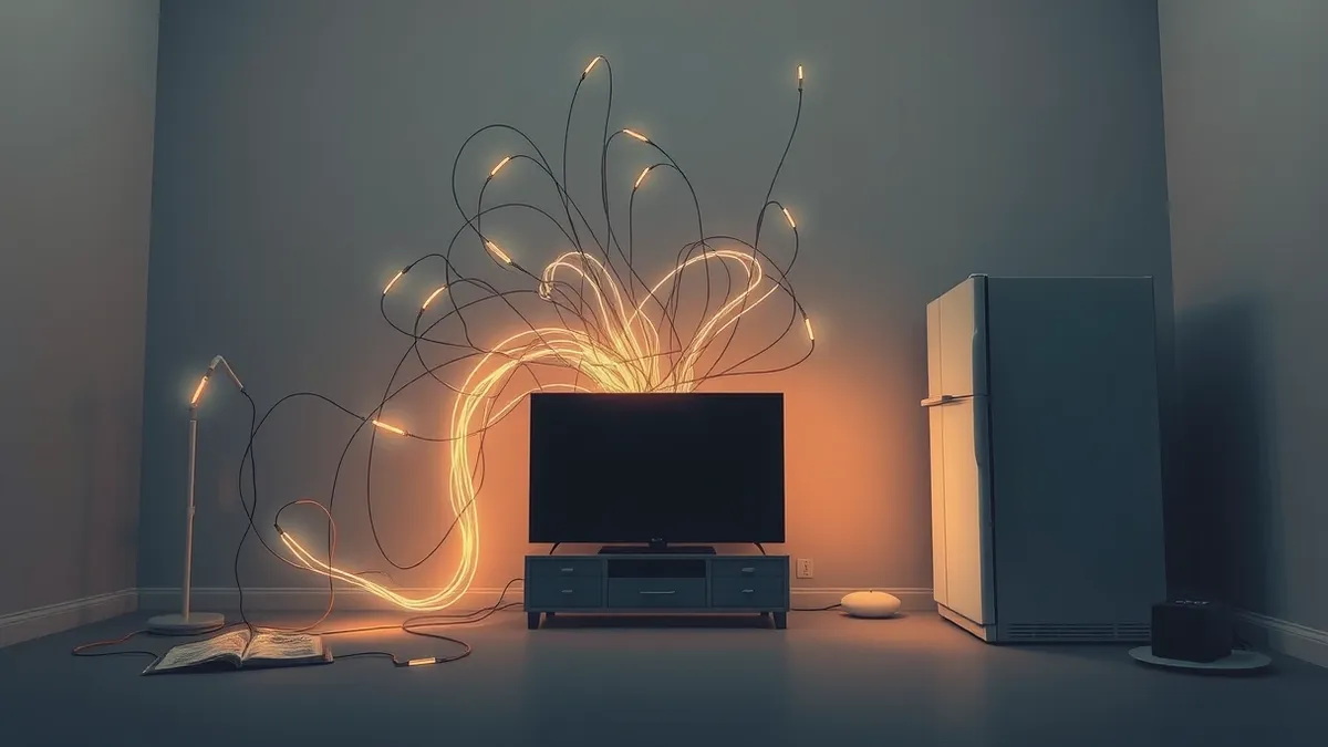 Illustration: A tangled web of thin, glowing cables pulses with erratic light as it snakes into a dusty smart television box and a smart refrigerator in a dim room, illustrating au