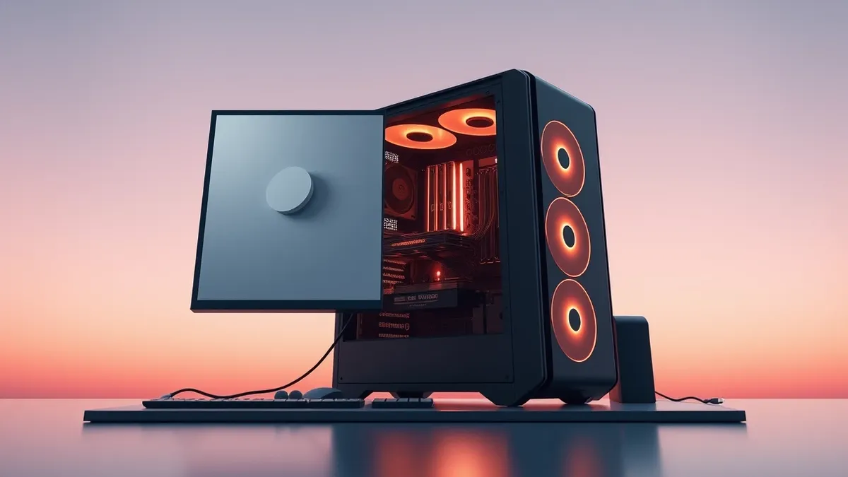 Illustration: A high-end gaming PC sits on a desk with its side panel removed to reveal glowing internal components.