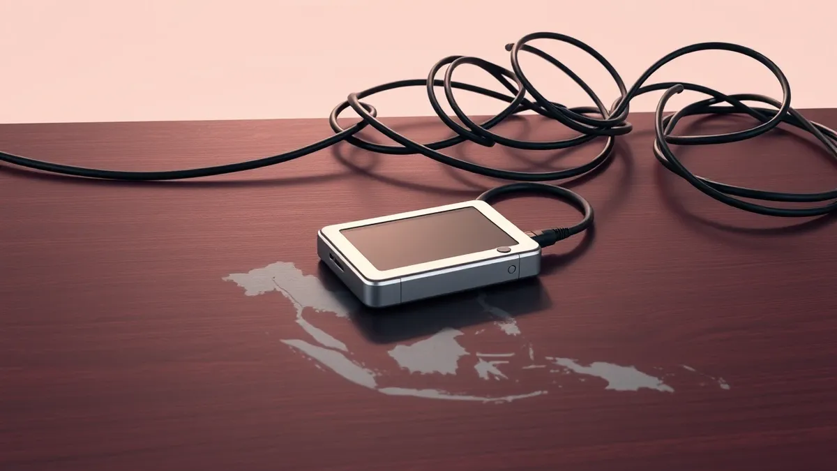 Illustration: A small silver hardware cryptocurrency wallet rests on a dark wooden table next to a tangle of black cables.